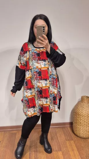 Bluz kırmızı siyah grafik patchwork desen