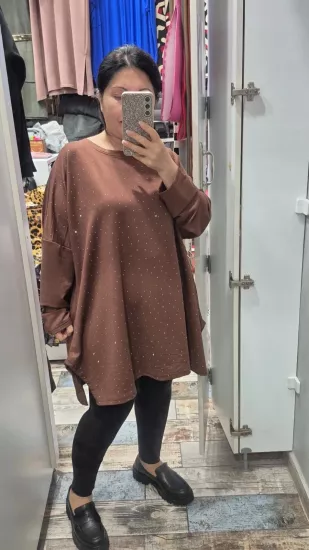 Bluz taşlı model kahverengi