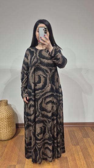 Düz kesim model elbise galaksi desen kahverengi