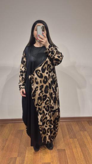 Şalvar model elbise kaplama kumaş  deri görünümlü sıcak kahve leopar model