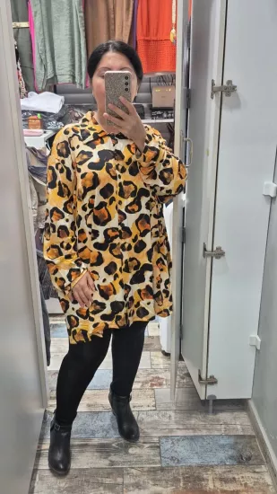 Gömlek dokuma viskon likra sarı iri leopar desen