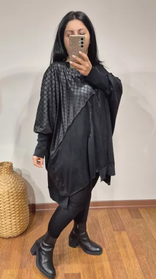 Tunik iri petek deri görünümlü garni siyah renk