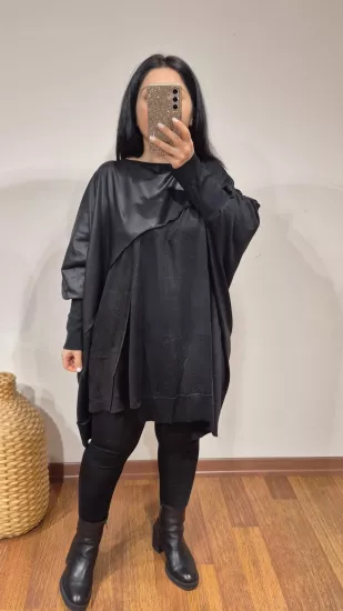 Tunik mat deri görünümlü garni siyah renk