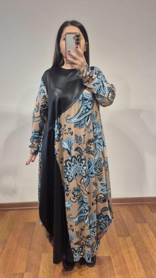 Şalvar model elbise yarı kaplama deri görünümlü  okyanus mavi çiçekli