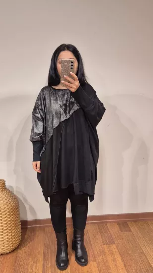 Tunik kurşun deri görünümlü garni siyah renk
