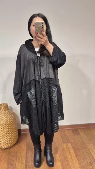 Kap file kapüşonlu süet detay model siyah renk