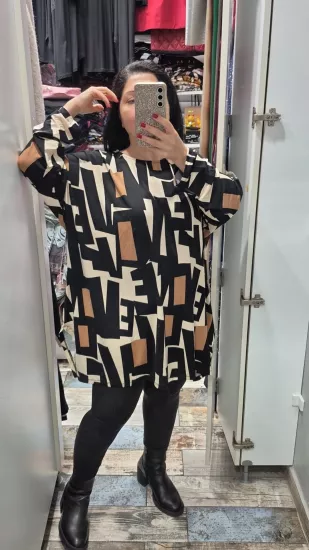 Bluz geo art siyah bej geometrik desen